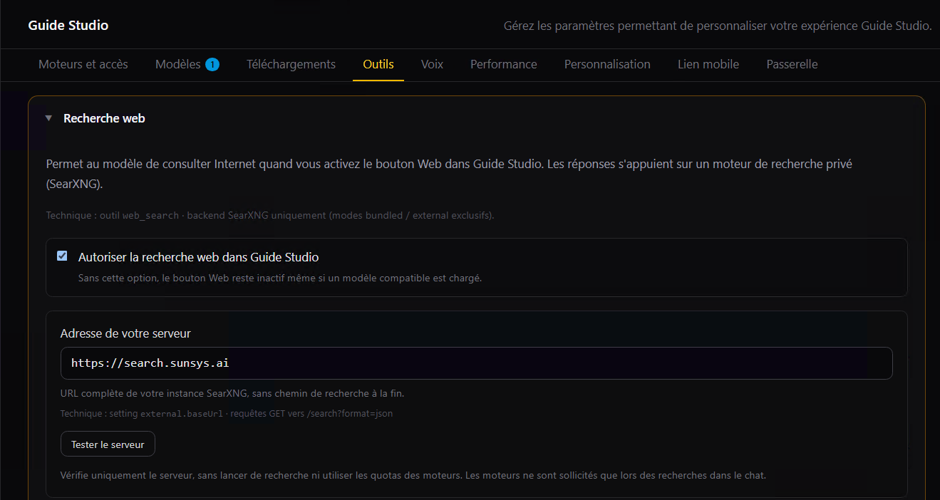Panneau Outils