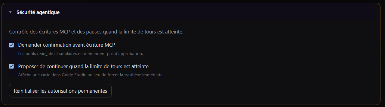 Panneau Outils / Sécurité agentique