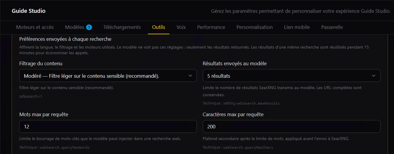 Panneau Outils / Recherche