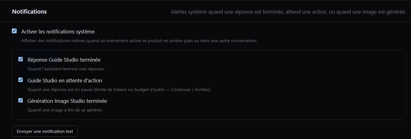 Panneau Notifications